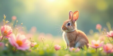A fluffy young bunny rabbit sits amidst a field of vibrant pink wildflowers bathed in the warm glow of the setting sun, a tranquil springtime scene