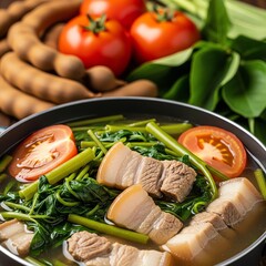 A savory stew simmering in a pan, featuring tender pork belly, water spinach, and ripe tomatoes.  Tamarind and other fresh vegetables are visible in the background.
