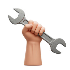 Male hand firmly holding metallic wrench tool representing construction, mechanic, and engineering concept, isolated on a transparent background, png, cutout