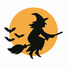 witch flying on broom silhouette halloween moon bats