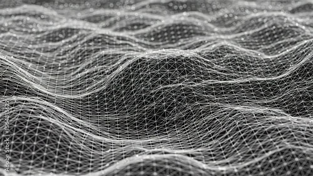 Poster a white wireframe mesh network forms abstract waves on a black background