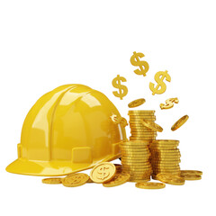Yellow construction safety helmet with dollar coins and blueprints symbolizing real estate investment and building industry, isolated on a transparent background, png, cutout