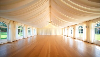 Elegant empty marquee interior with draped fabric ceiling and wooden floor for events, created with generative ai