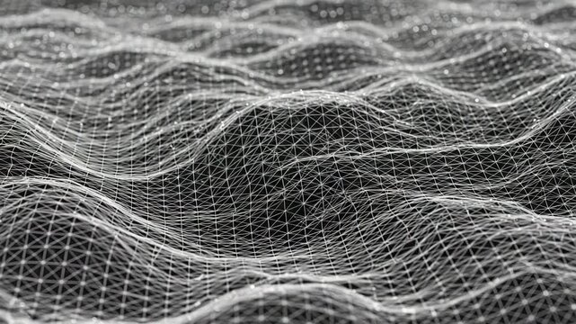 A white wireframe mesh network forms abstract waves on a black background