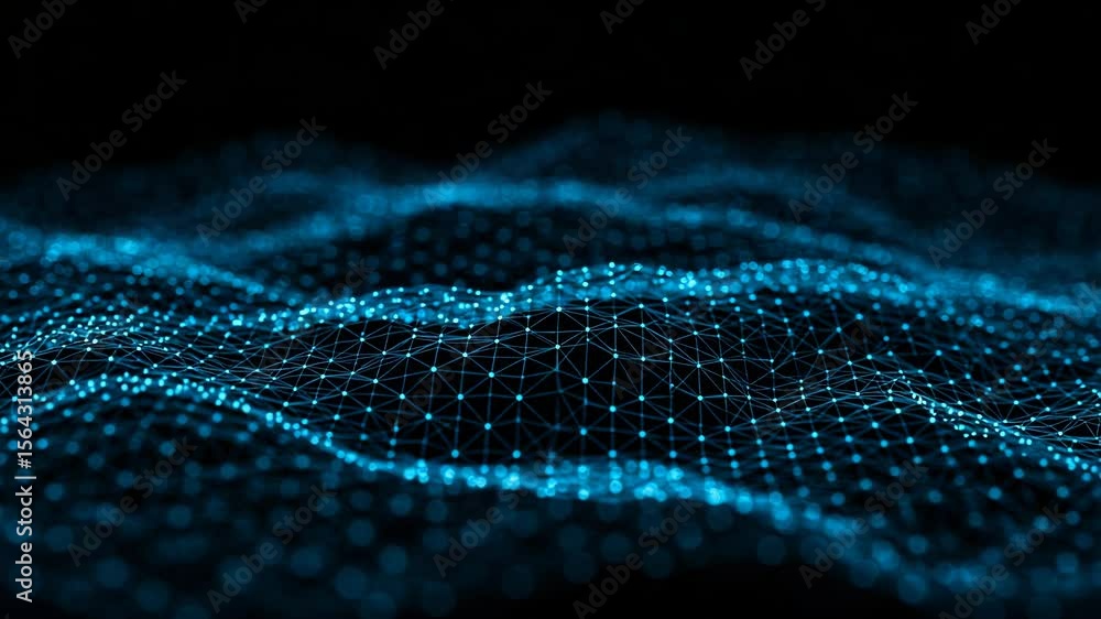 Aufkleber a blue wireframe mesh network forms abstract waves on a black background