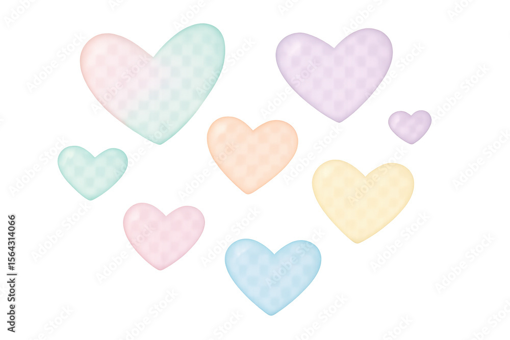 Poster soft pastel hearts floating weightlessly, overlapping gently against translucent backdrop, embodying