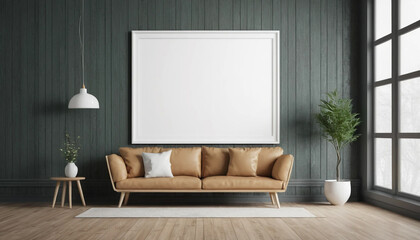 Lounge Scene with White Poster on Wooden Wall