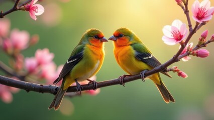 A Pair of Vividly Colored Birds Perched on a Branch Adorned with Delicate Pink Blossoms, Bathed in the Warm Glow of Sunrise