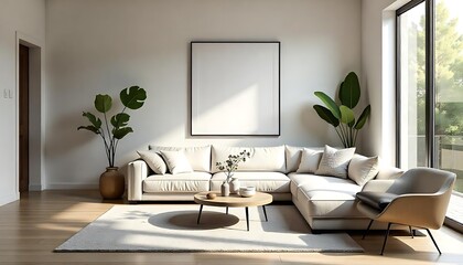 Modern minimalist living room interior with large wooden-framed windows, neutral furniture and natural light created with generative ai