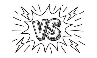 Hand drawn doodle illustration of bold VS letters with comic-style lightning and explosion effects. Perfect for competition, versus concept, or game battle theme. Isolated on white background.