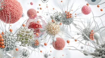 Close up of various colorful cells and viruses with white background in a microscopic view