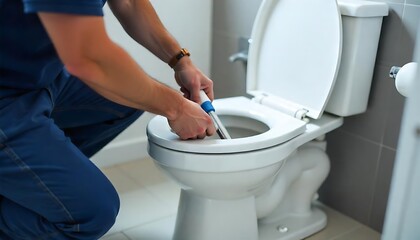  Professional plumber sealing toilet bowl in restroom, created with generative ai