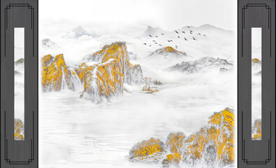 Winter Chinese Ink Landscape with Blossoming Peach Tree and Boat
