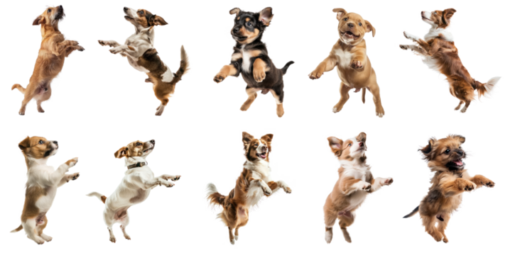 A group of dogs in various poses, including jumping and standing, against a transparent background