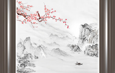 Winter Chinese Ink Landscape with Blossoming Peach Tree and Boat
