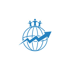 Global growth symbolized by people standing on a globe with an upward trend arrow.