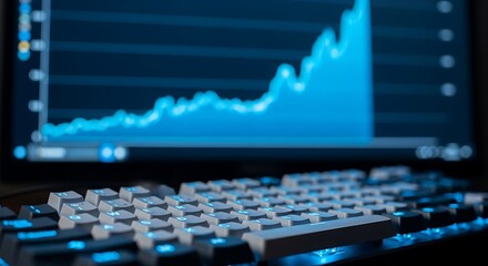 A computer keyboard sits in front of a monitor displaying a rising stock market graph with blue illumination.