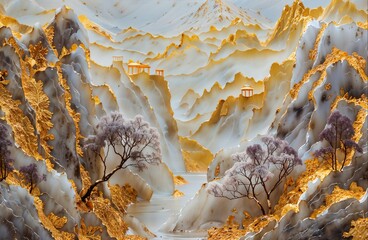 Winter Chinese Ink Landscape with Blossoming Peach Tree and Boat