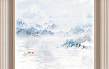 Winter Chinese Ink Landscape with Blossoming Peach Tree and Boat