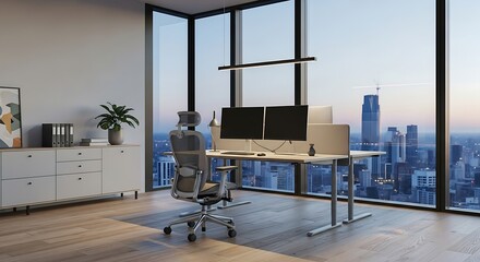 Modern office workspace with cityscape view at dusk, featuring sleek furniture and technology