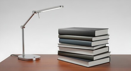 A modern silver desk lamp illuminates a neatly stacked collection of hardcover books on a warm wooden table against a soft gray background.