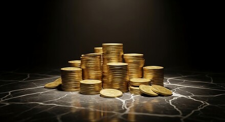 Golden coins stacked haphazardly on cracked marble floor with dramatic lighting effects.