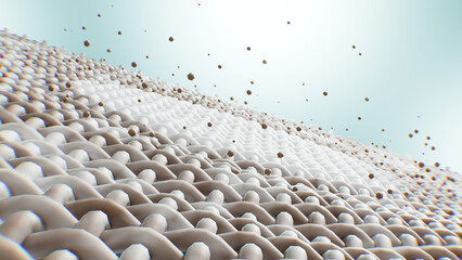 Animation frame showing particles or dirt being lifted from fabric by cleaning forces. The cloth fibers look white and clean beneath the particles.