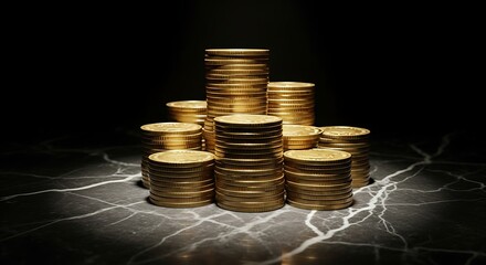 Golden coins stacked haphazardly on cracked marble floor in darkness.