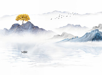 Winter Chinese Ink Landscape with Blossoming Peach Tree and Boat