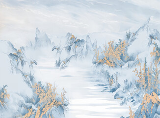 Winter Chinese Ink Landscape with Blossoming Peach Tree and Boat