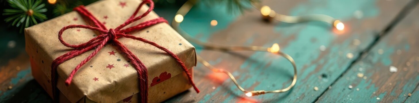 Retro Christmas parcel tied with string, aged paper, elegant, minimalist, simple