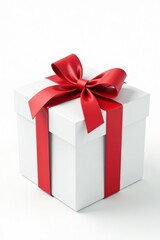 Obraz premium Square white gift box, vibrant red bow, isolated on white , anniversary, simple