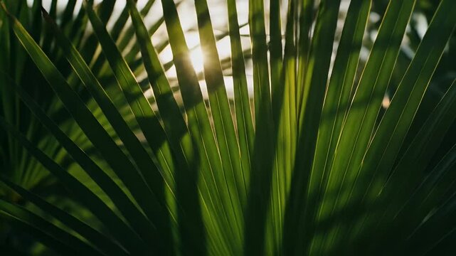 Closeup view of lush green palm leaves vibrant sunlight through fronds natural tropical image daytime outdoor setting