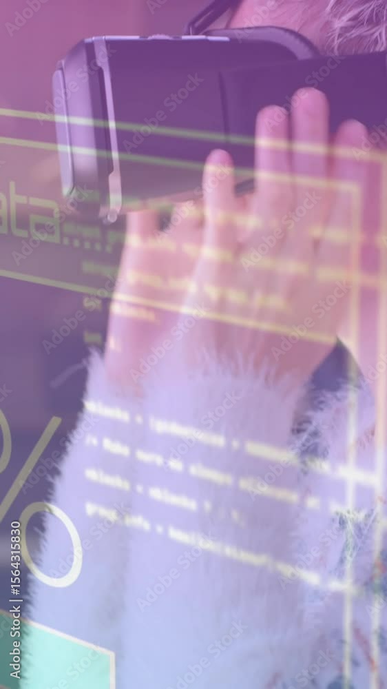 Poster animation of data processing on screen over woman using vr headset