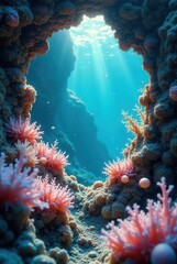 Obraz premium Sunlit Underwater Coral Reef Cave Scene with Vibrant Pink Coral and Ocean Life