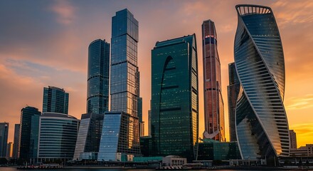 Majestic Moscow skyscrapers illuminate golden hour with modern architectural brilliance.