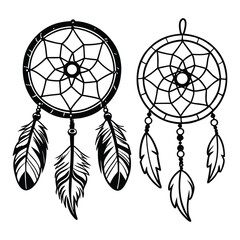 Intricate black and white dreamcatcher designs featuring detailed patterns and feather embellishments for creative projects