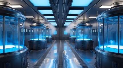 Fototapeta premium Futuristic sci-fi laboratory corridor featuring glowing blue cryogenic pods with mist and neon lighting, symbolizing advanced cloning, biotechnology, and future medical technology.