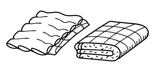 Simple and elegant black and white drawings of folded linens and a patterned blanket perfect for design elements.