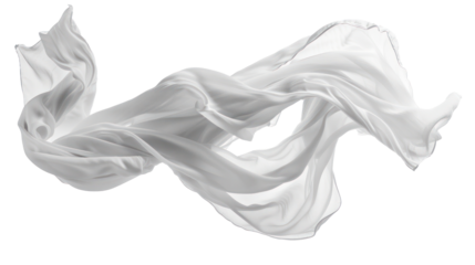 A white, flowing, transparent fabric in motion against a transparent background