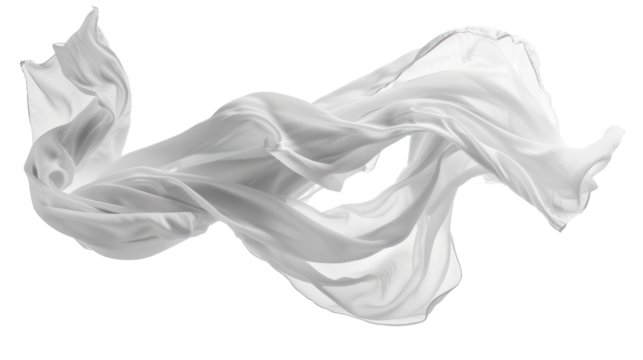A white, flowing, transparent fabric in motion against a transparent background