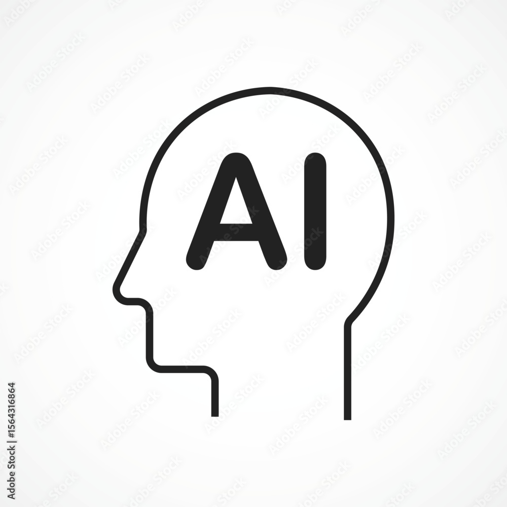 Poster head ai icon with white background, artificial intelligence symbol representing digital brain and ma