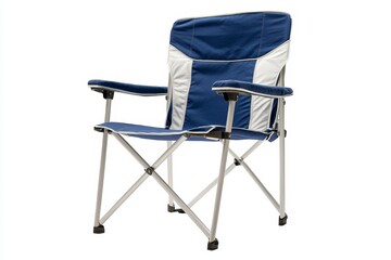 Blue and gray folding camping chair with armrests, isolated on white background.
