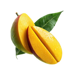 Freshly sliced mango with green leaves demonstrating tropical fruit food and healthy eating isolated on white transparent background PNG