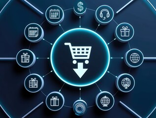Futuristic digital illustration showing a glowing shopping cart icon in the center of a virtual interface, symbolizing online shopping, e commerce network, and digital retail technology.

