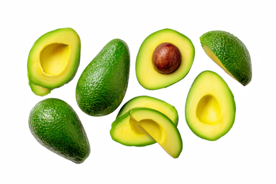 Fresh green avocados, whole and halved, are beautifully arranged against a dark background, ideal for culinary or healthy eating designs.