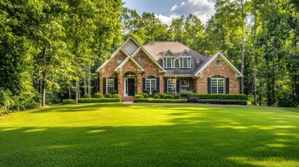 A large, two-story brick house with a green lawn and a large tree in the background. The house features a front porch with columns and a chimney.