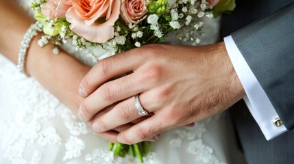 A bride and groom holding hands with a bouquet of flowers.
