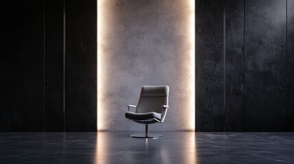 A minimalist black and white room with a single armchair in the center, illuminated by a single light source, creating a dramatic and modern atmosphere.
