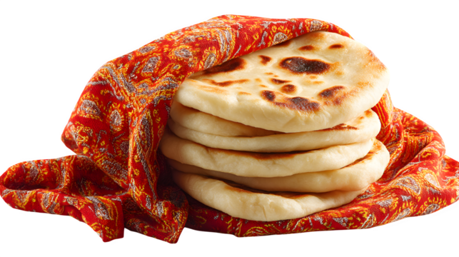 Golden flatbread stack rests on a vibrant red patterned cloth against a transparent background, showcasing warm tones and inviting textures.